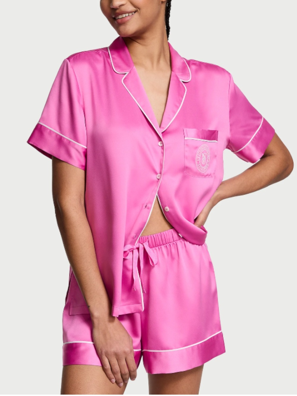 Victoria's Secret Hot Pink Satin-Style Lounge Shorts with White Piping size M